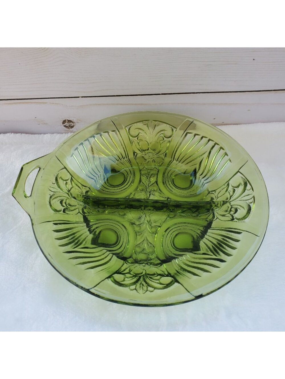 Vintage Indiana Glass 1960s Green Killarney Pattern Divided Relish Dish MCM